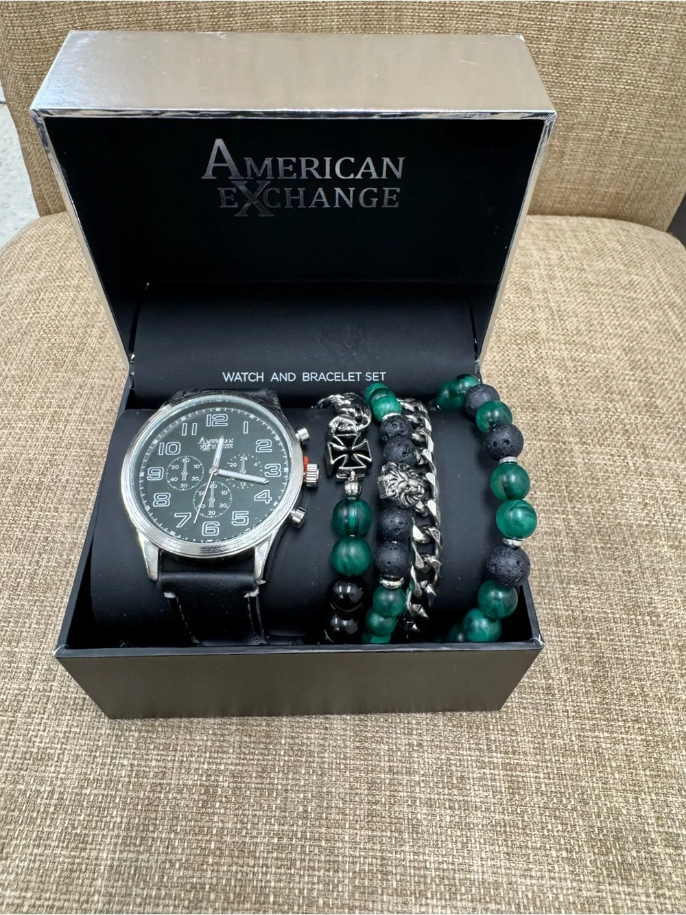 American Exchange Men’s Quartz Chronograph Green Dial Black Leather Strap Box